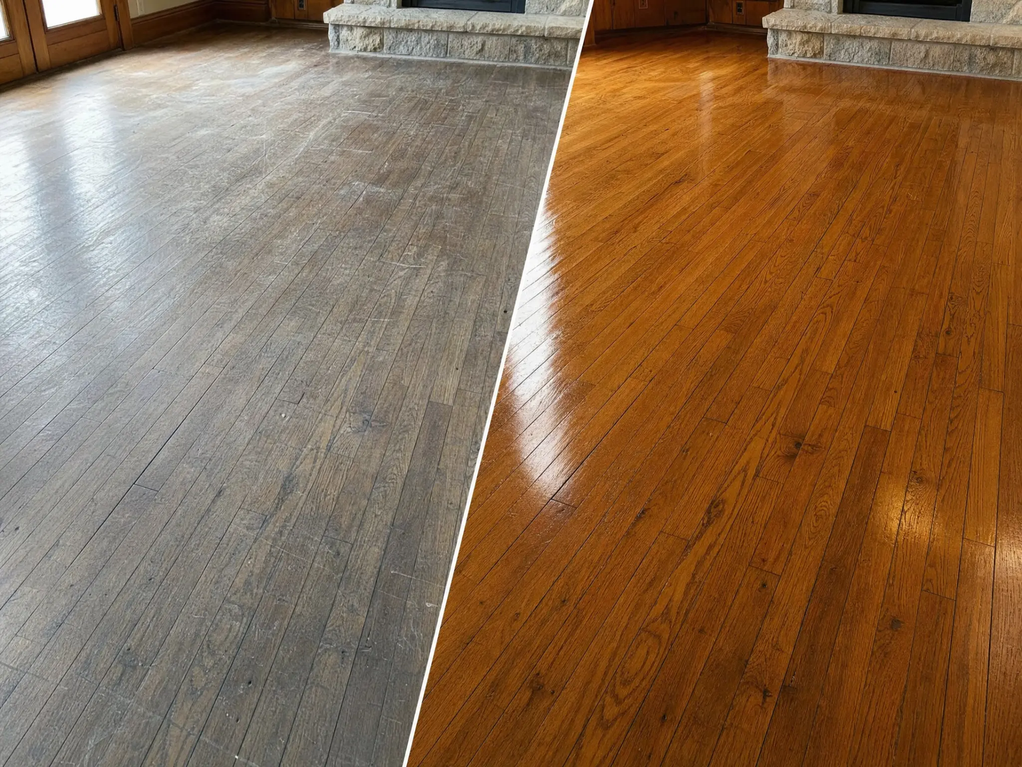 PHR-supplied before-and-after hardwood floor image.