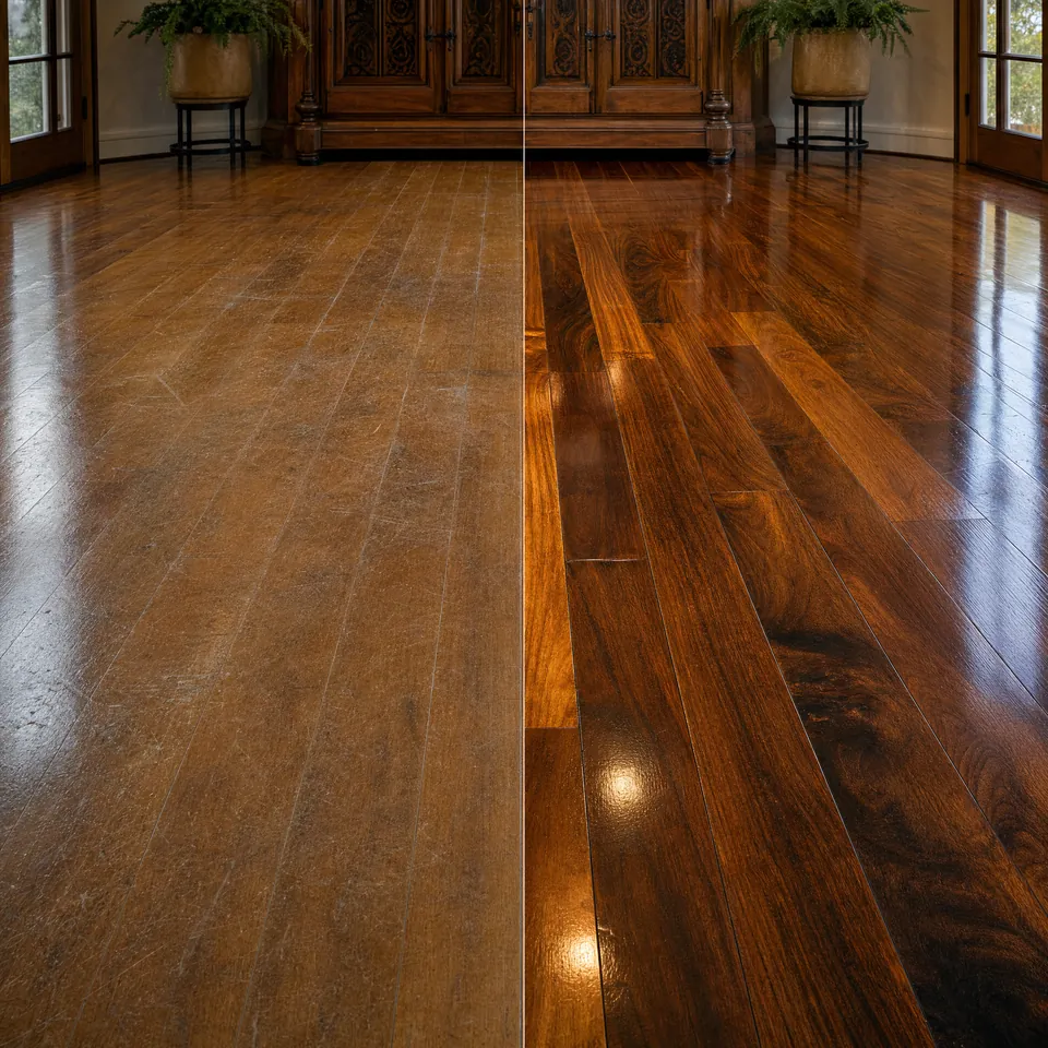 PHR-supplied wood-floor before-and-after image.