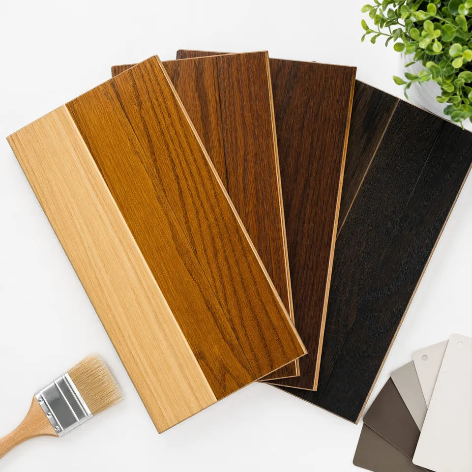 Hardwood stain samples arranged with finish options
