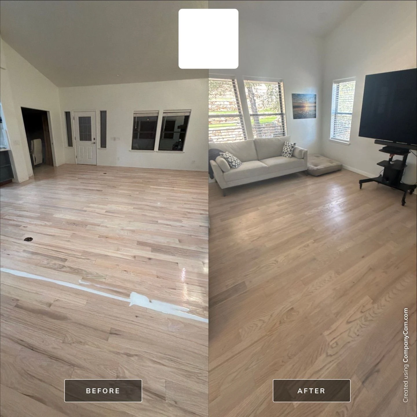 Real PHR before-and-after composite of a bright living room, with the floor before work at left and a finished wood floor at right.