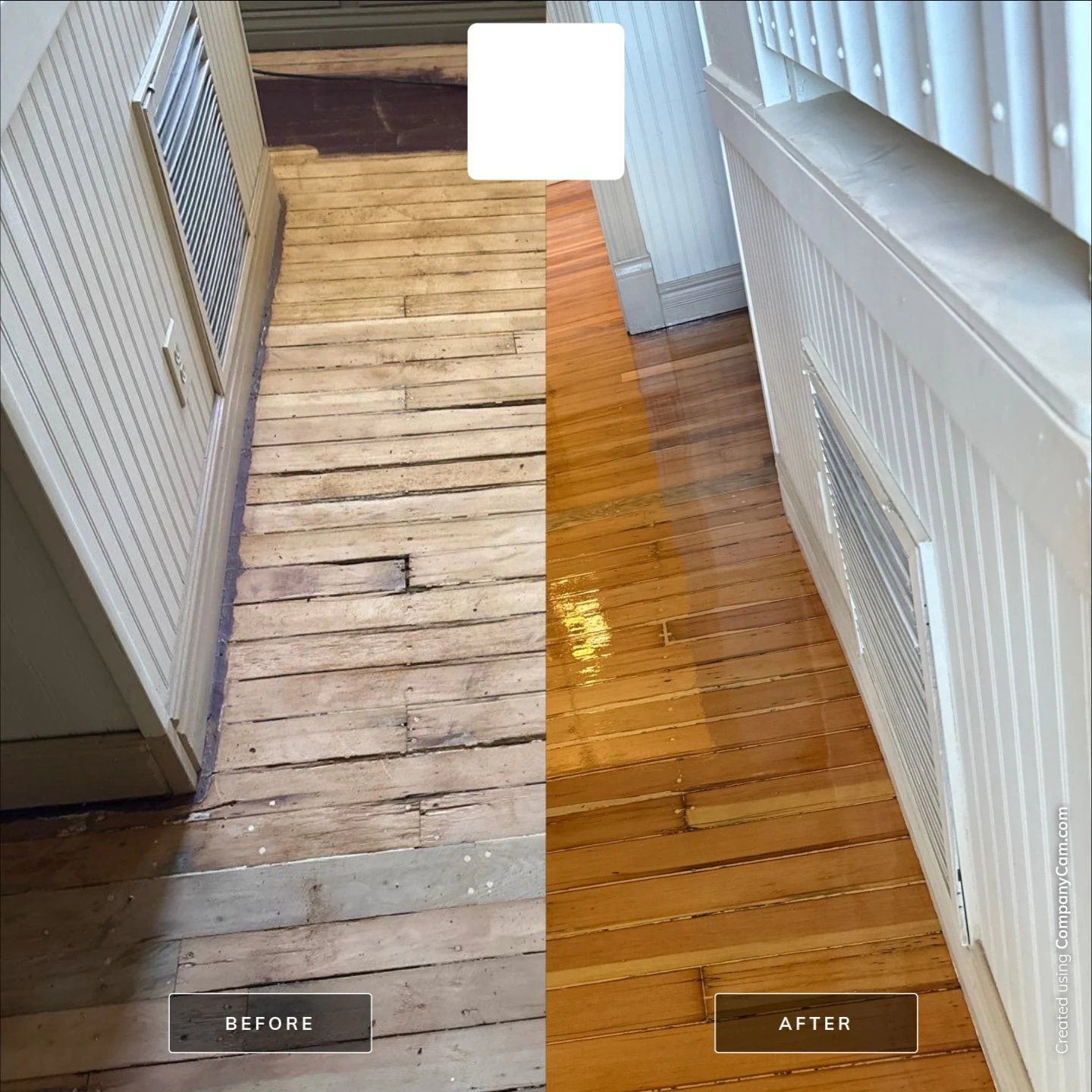 Real PHR before-and-after composite of a narrow wood-floor hallway, with the unfinished floor at left and the restored floor at right.