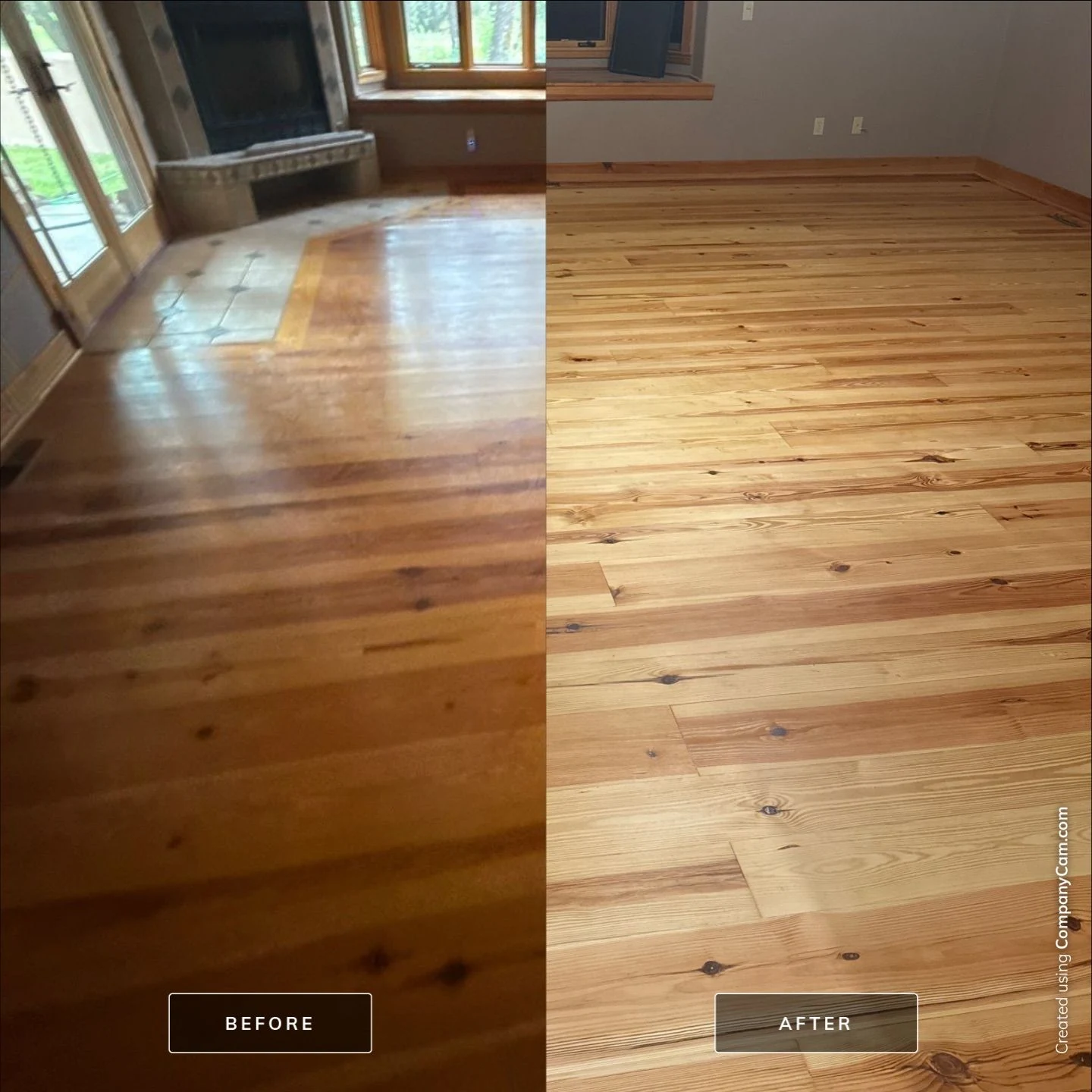 Real PHR before-and-after composite of a living-room wood floor, with a darker worn floor at left and a light wood floor at right.